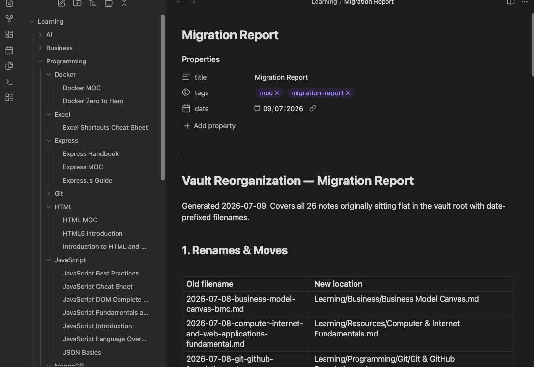 A migration report note, listing renamed and relocated files across the vault