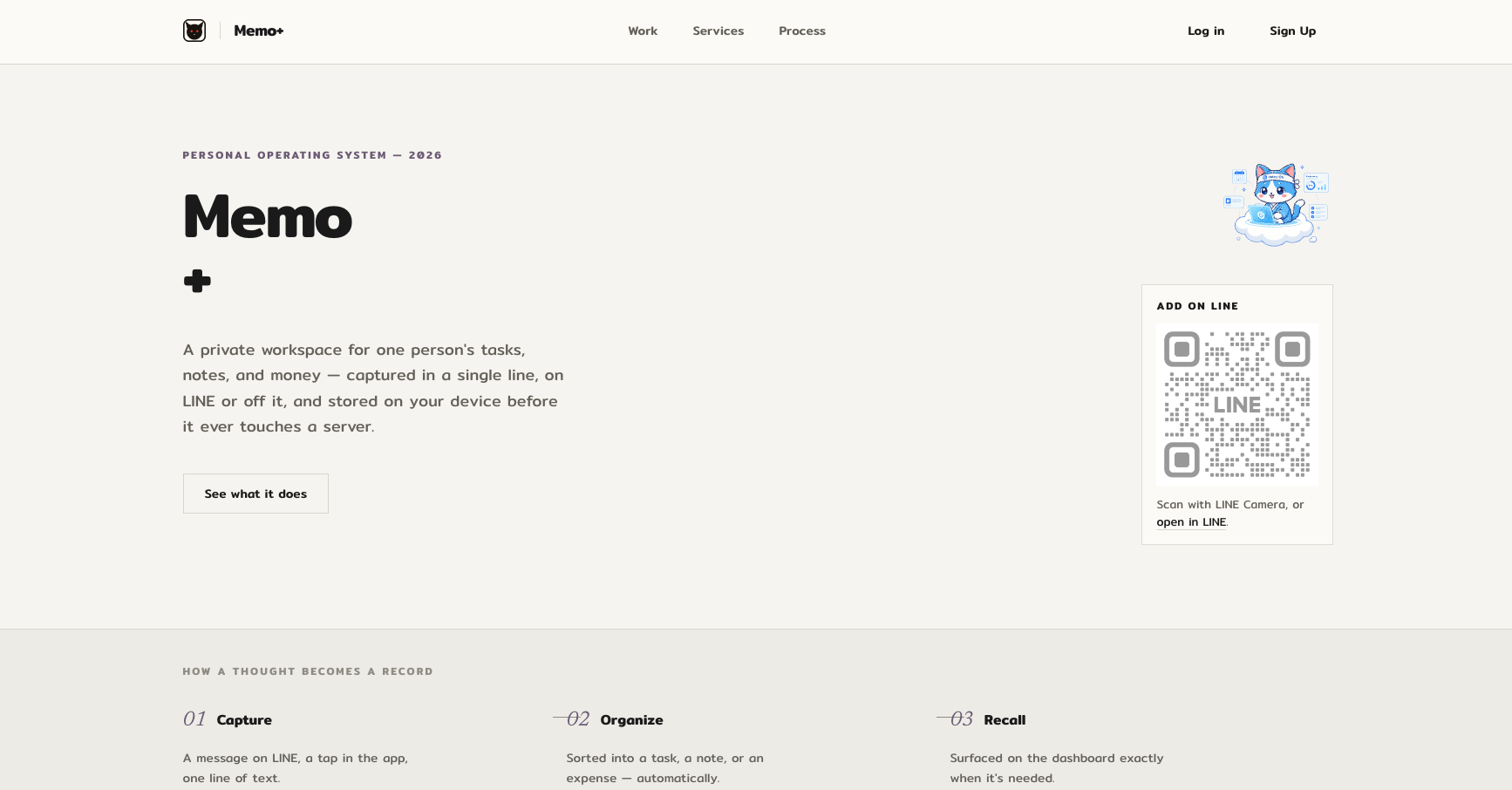 Memo+ — the landing page and workspace