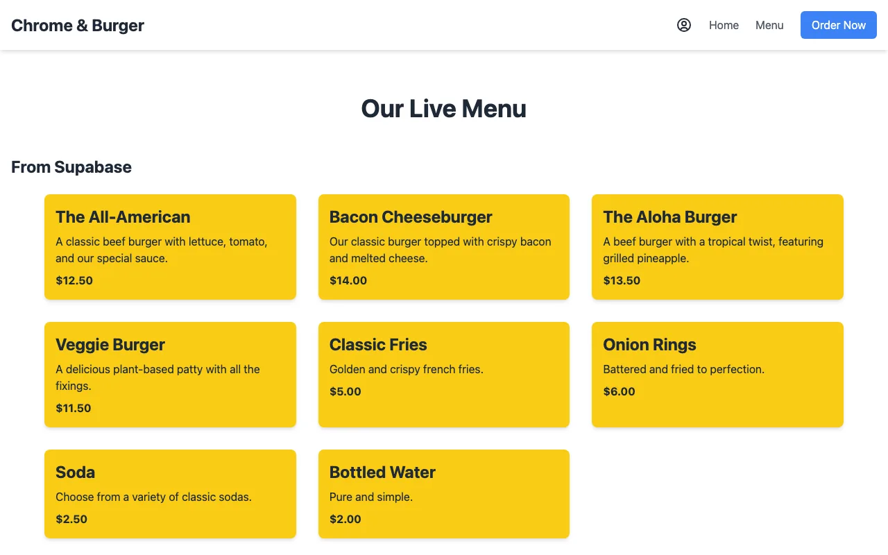 The menu page, sourced from Supabase